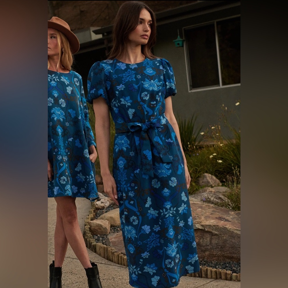 Sugarlips Palmate Floral Senidy Puff Sleeve Midi Dress Teal Blue Size Medium